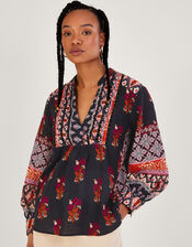 Print Heritage Smock Top with Sustainable Cotton, Black (BLACK), large