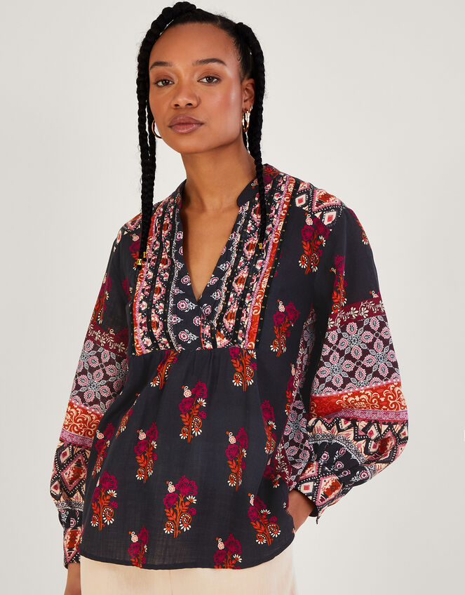 Print Heritage Smock Top with Sustainable Cotton, Black (BLACK), large