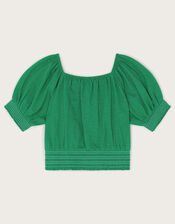 Embroidered Parrot Puff Sleeve Top, Green (GREEN), large