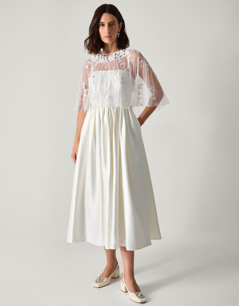 Celeste Satin Wedding Dress with Floral Embellished Cape, Ivory (IVORY), large