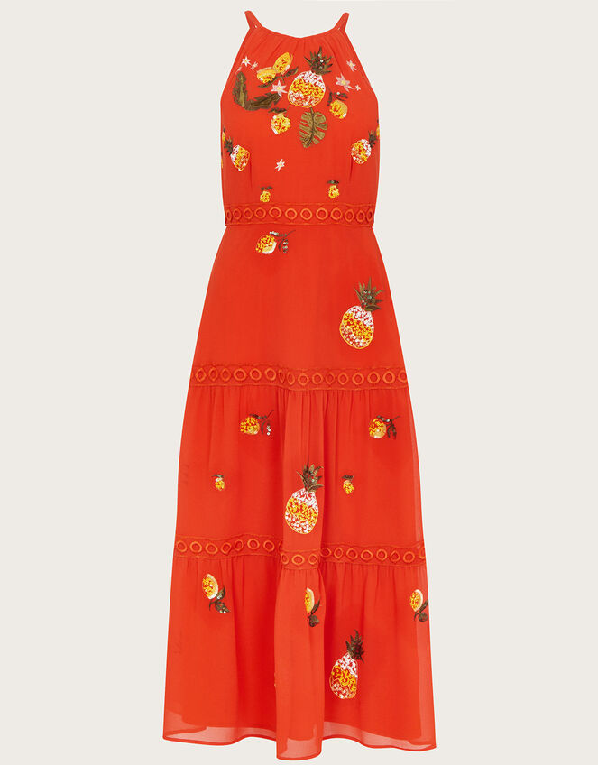 Isabel Embellished Tiered Midi Dress in Recycled Polyester, Orange (ORANGE), large