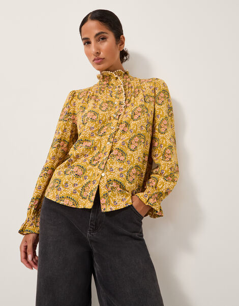 Mabel Paisley Jersey Frill Shirt, Yellow (OCHRE), large