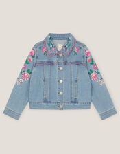 Floral Embroidered Frill Denim Jacket, Blue (BLUE), large