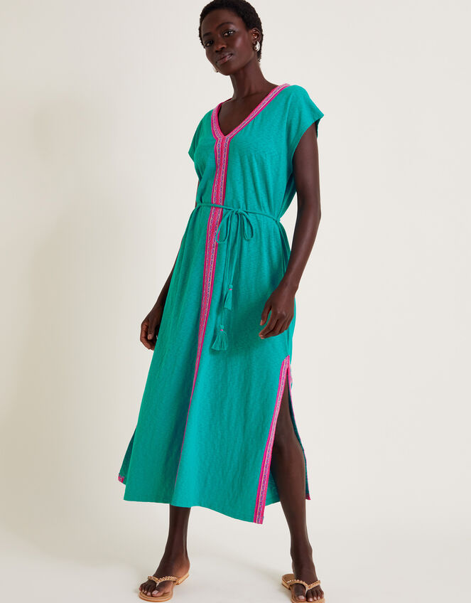 Estela Embroidered Jersey Kaftan Dress, Teal (TEAL), large
