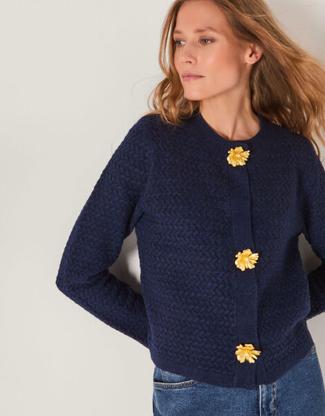 Brianne Floral Button Cardigan, Blue (NAVY), large