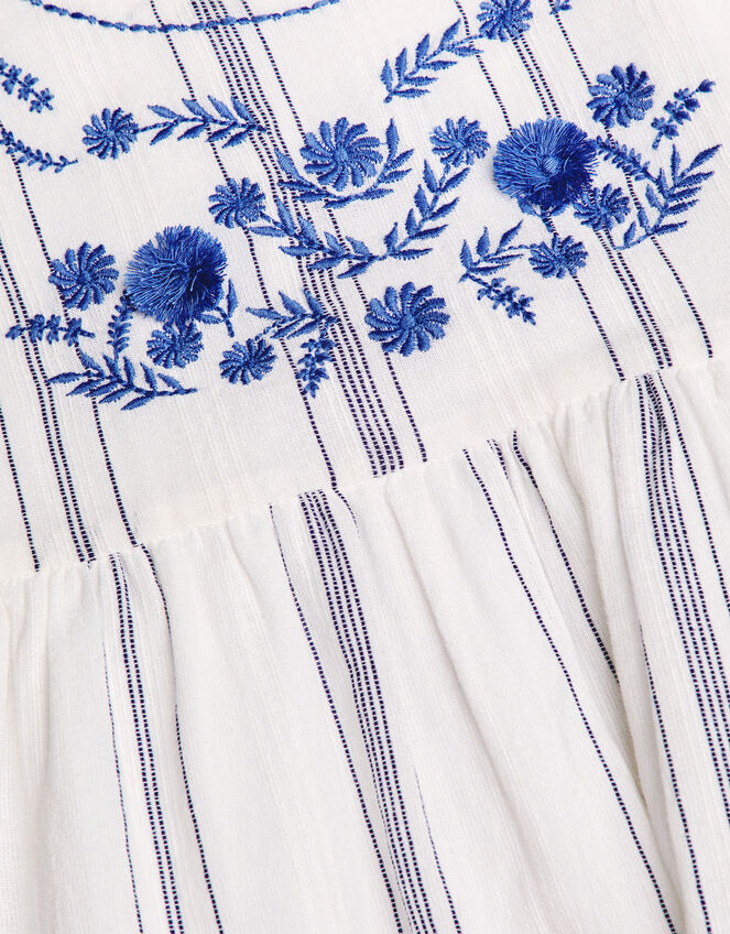Floral Embroidered Stripe Dress, White (WHITE), large