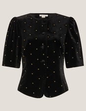 Emma Embellished Velvet Button Top, Black (BLACK), large