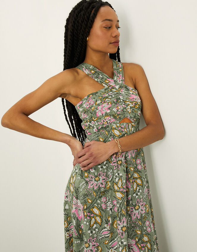 Floral Woodblock Halter Pleat Bodice Dress, Green (GREEN), large