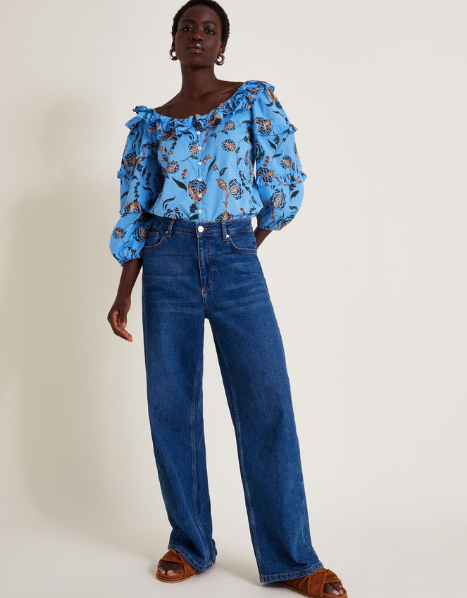 Clara Floral Frill Blouse, Blue (BLUE), large