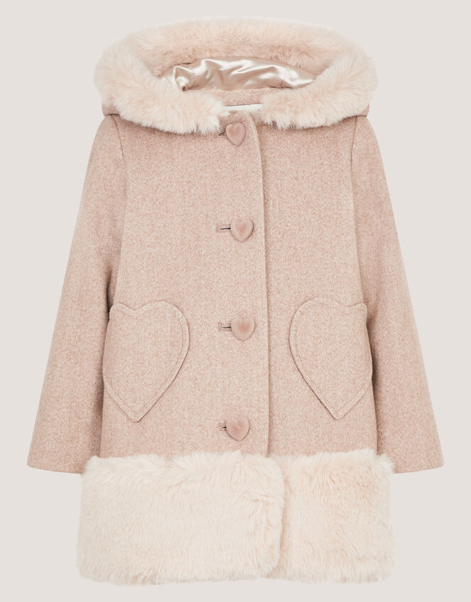 Baby Faux Fur Heart Coat, Camel (OATMEAL), large