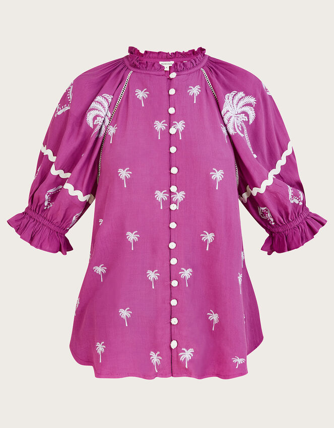Pernella Palm Embroidered Top in Sustainable Viscose, Pink (PINK), large