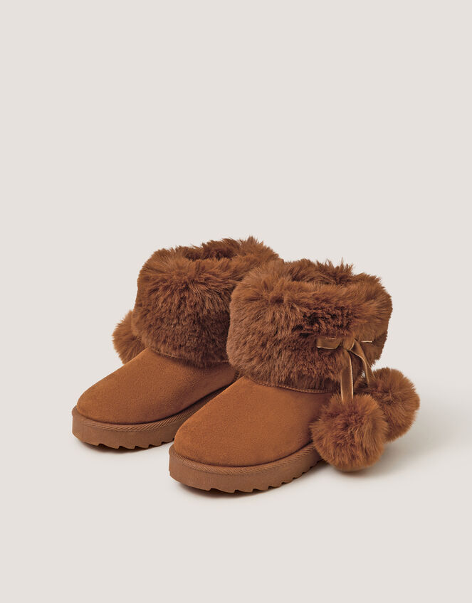 Fluffy Pom Ankle Boots, Brown (BROWN), large