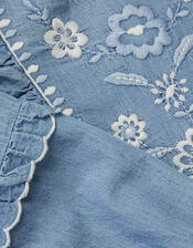 Embroidered Chambray Frill Dress, Blue (BLUE), large