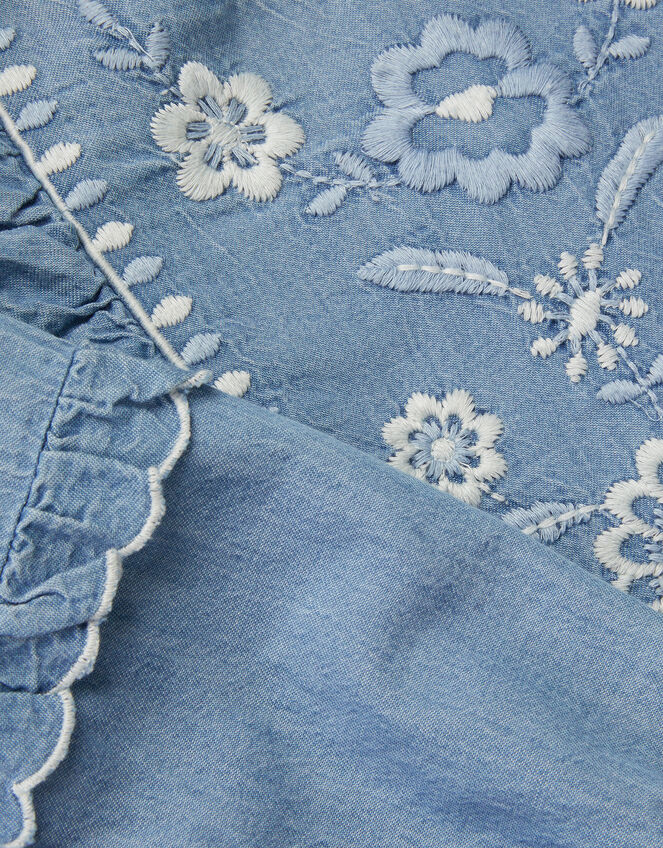 Embroidered Chambray Frill Dress, Blue (BLUE), large
