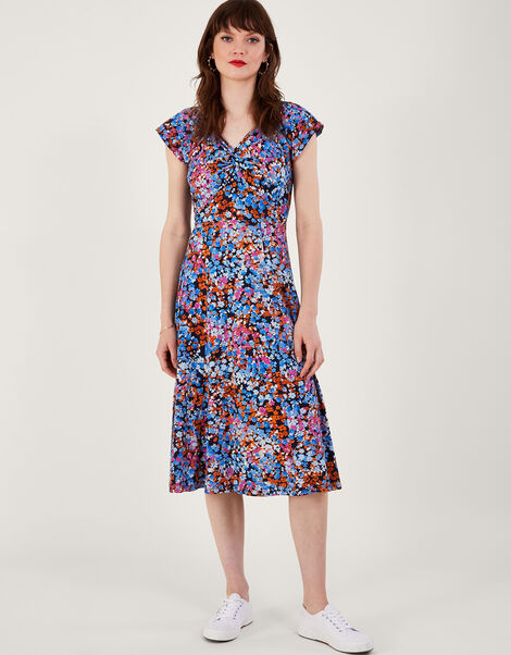 Twist Detail Ditsy Print Jersey Dress, Blue (NAVY), large