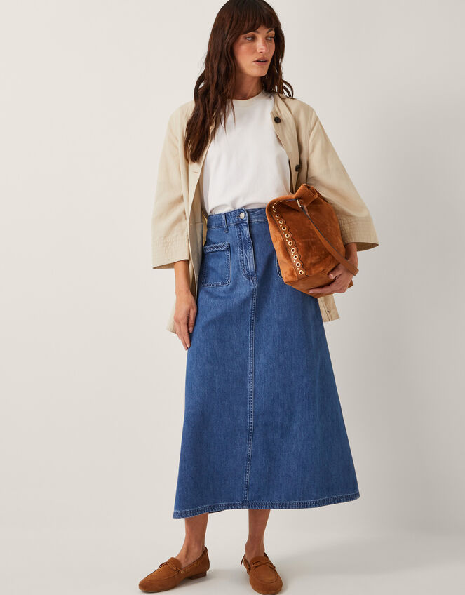 Martha Plait Denim Midi Skirt, Blue (DENIM BLUE), large
