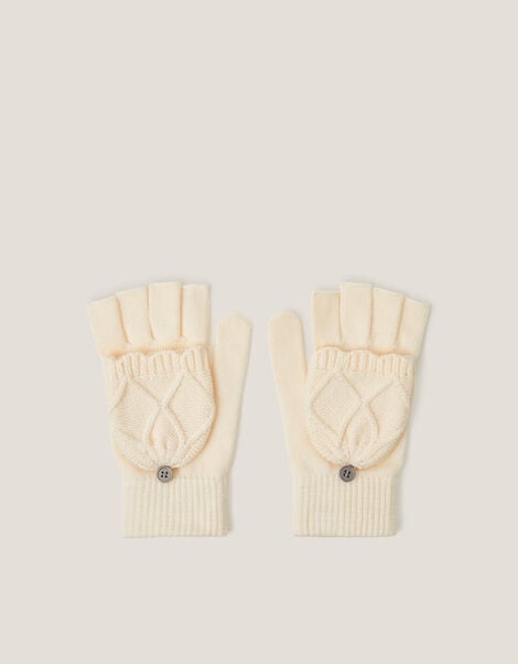 Diamond Fingerless Gloves with Mittens, Ivory (IVORY), large