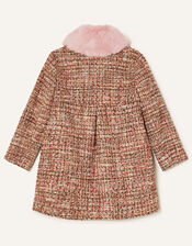 Faux Fur Collar Tweed Coat, Camel (CAMEL), large