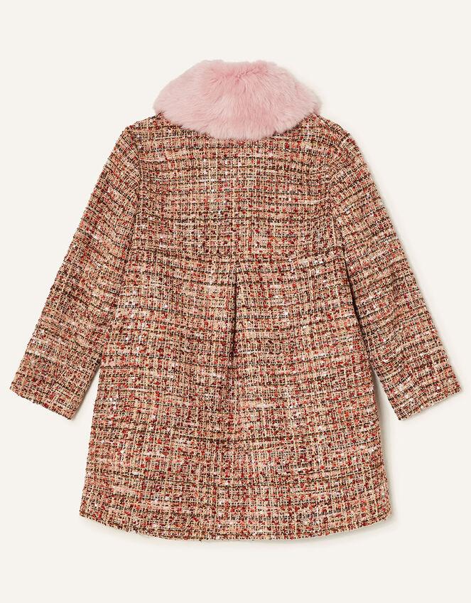 Faux Fur Collar Tweed Coat, Camel (CAMEL), large