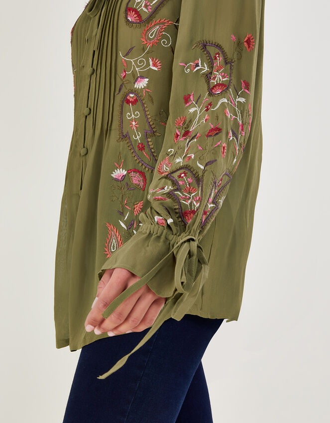Grace Embroidered Long Sleeve Top, Green (KHAKI), large