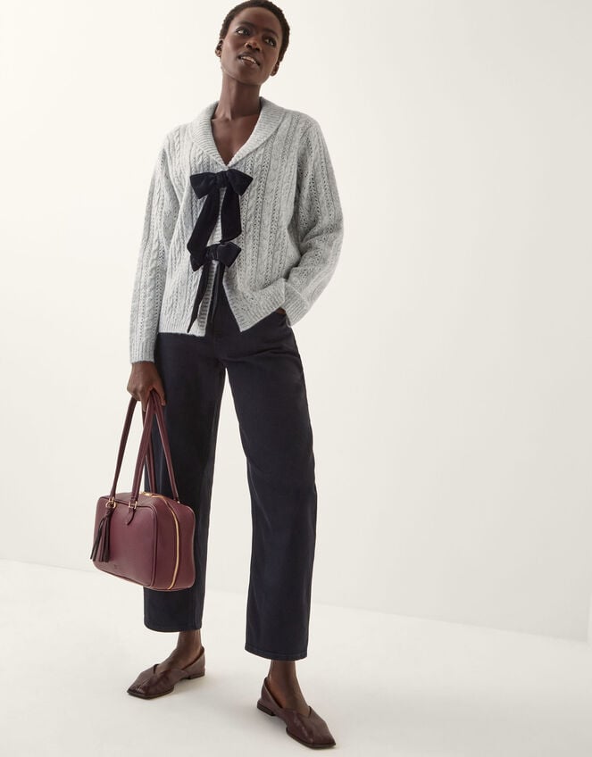 Bria Bow Cable Knit Cardigan, Gray (GREY), large