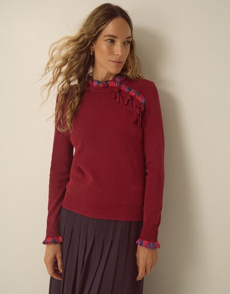 Cleo Check Frill Jumper, Red (BURGUNDY), large