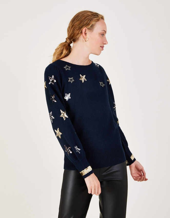 Sequin Star Jumper with Recycled Polyester, Blue (NAVY), large