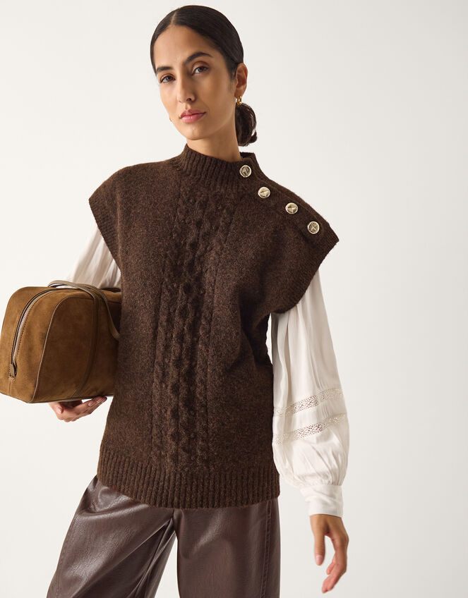 Coli High Neck Cable Knit Vest, Brown (CHOCOLATE), large