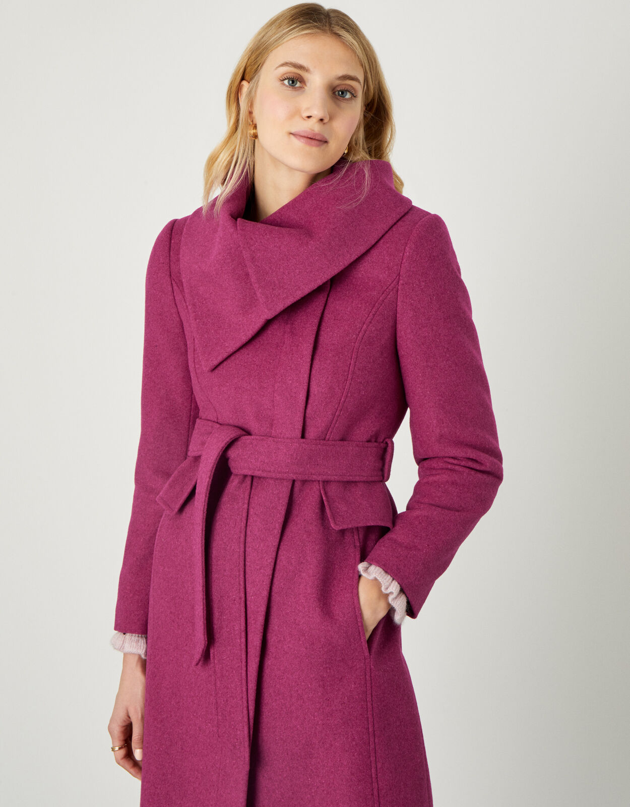 Keryn Wrap Collar Belted Coat Pink Women s Coats Monsoon Global