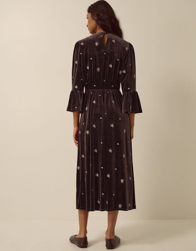 Emilee Floral Embroidered Velvet Midi Dress, Brown (CHOCOLATE), large