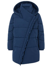 Ruffle Asymmetric Padded Coat with Recycled Fabric, Blue (NAVY), large
