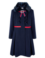 Navy Pleated Coat with Diamante Bow, Blue (NAVY), large