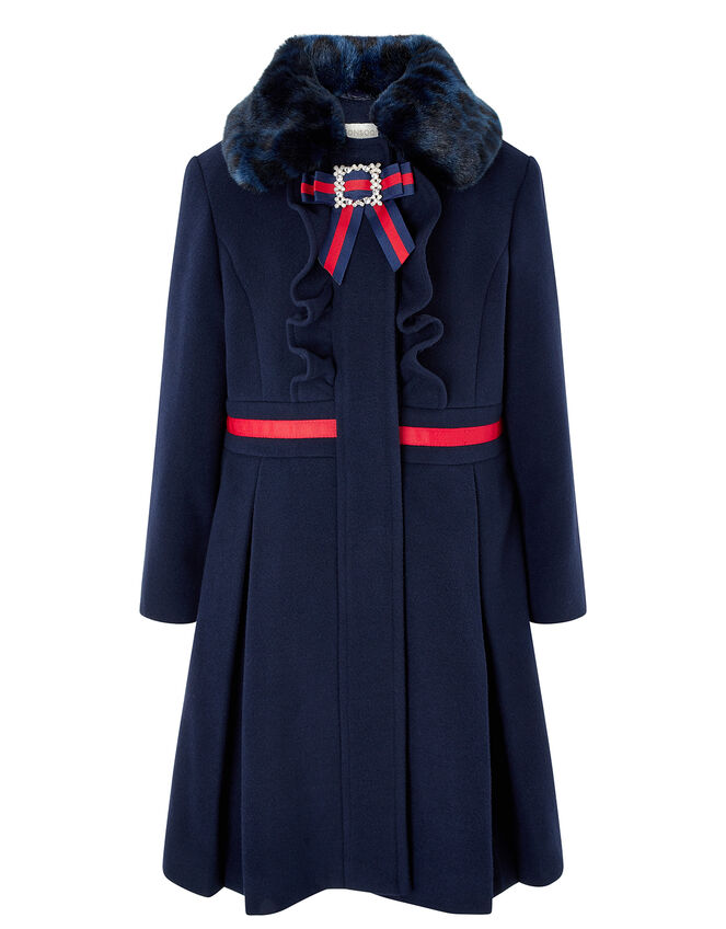 Navy Pleated Coat with Diamante Bow, Blue (NAVY), large