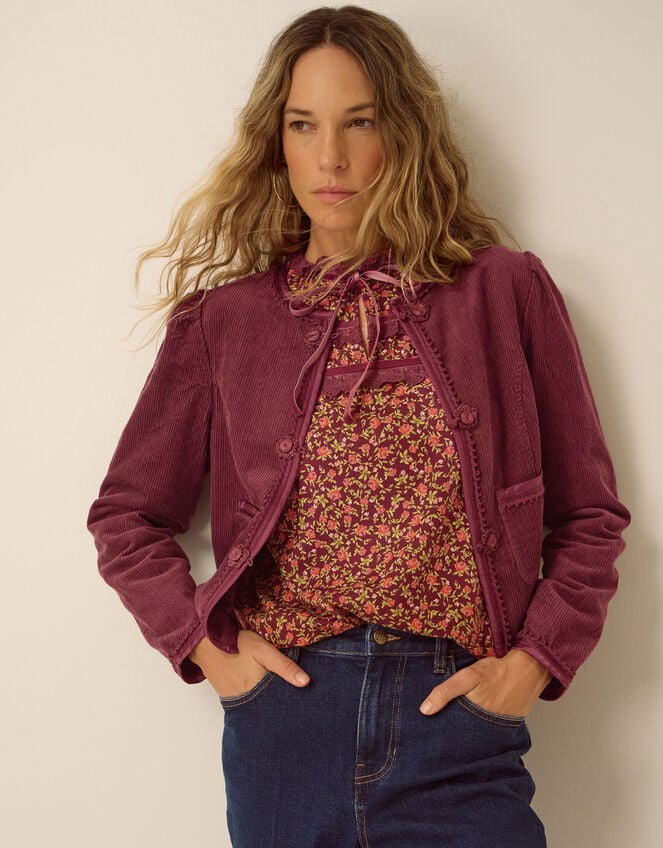Fay Flower Button Corduroy Jacket, Red (BURGUNDY), large