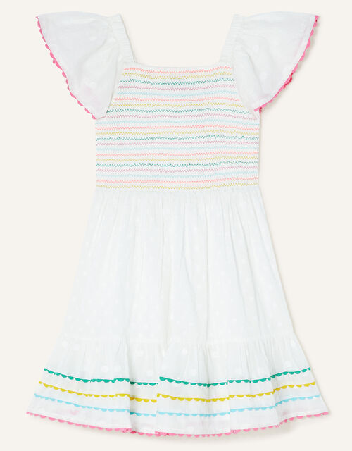 Shirred Ricrac Trim Dress in Sustainable Cotton, White (WHITE), large
