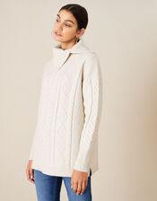 Statement Split Neck Cable Knit Jumper, Cream (CREAM), large