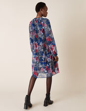 Floral Pleated Short Dress, Blue (NAVY), large