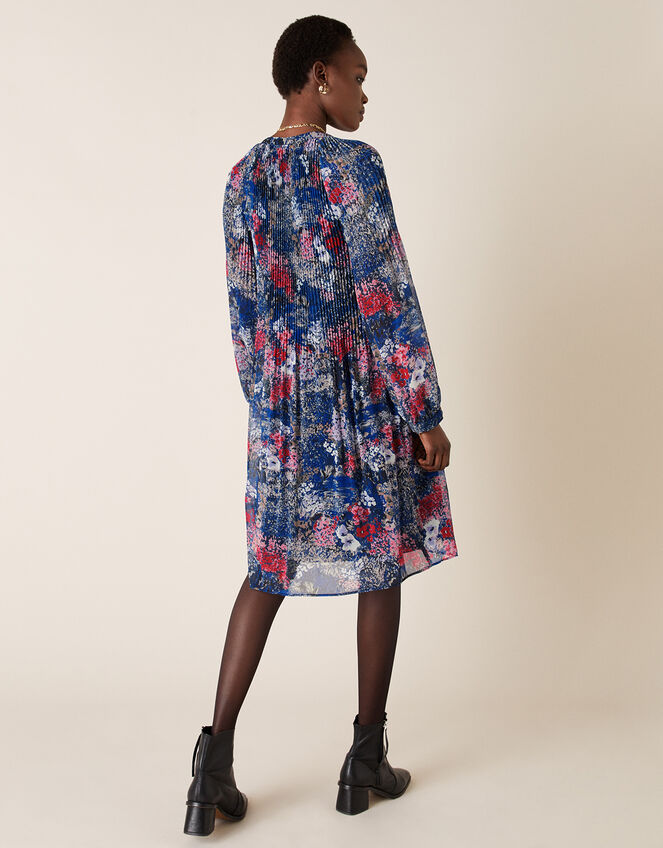 Floral Pleated Short Dress, Blue (NAVY), large