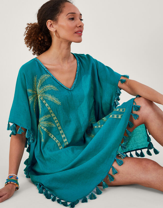 Palm Tree Embroidered Kaftan, Blue (TURQUOISE), large