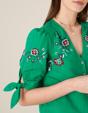 Floral Embroidered Top in Linen Blend, Green (GREEN), large