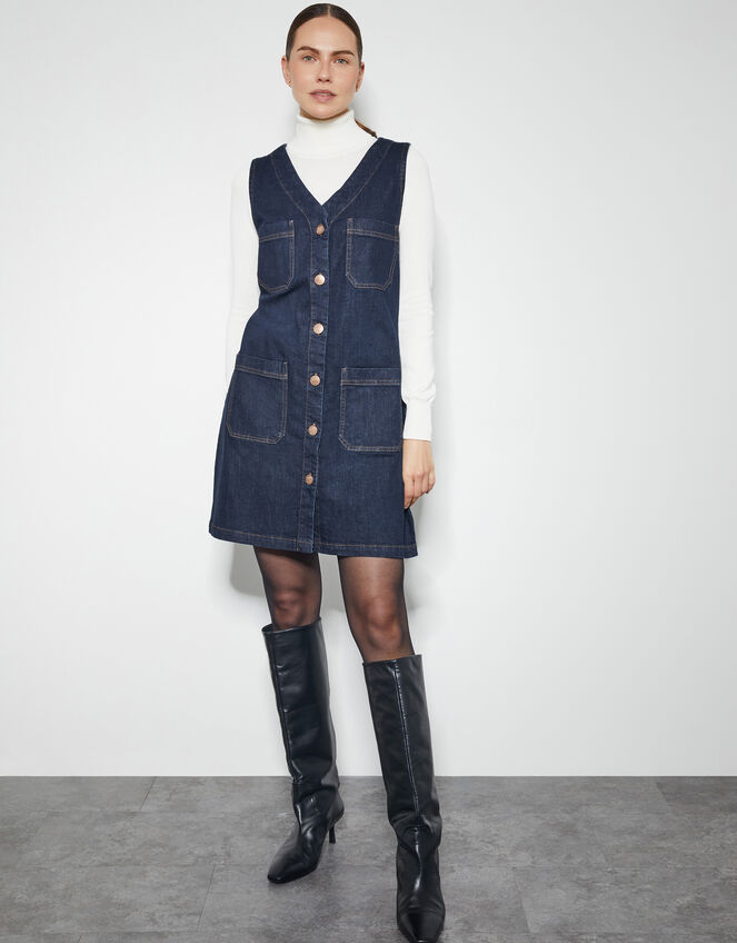 Pia Denim Pinafore Mini Dress, Blue (INDIGO), large