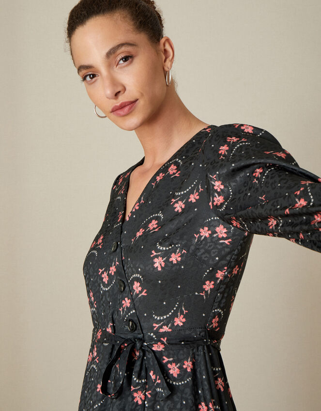 Floral Print Wrap Dress, Black (BLACK), large