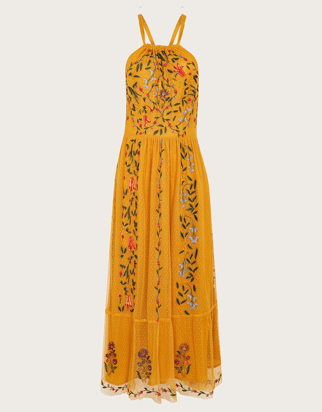 Harlow Halter Embroidered Dress, Yellow (OCHRE), large