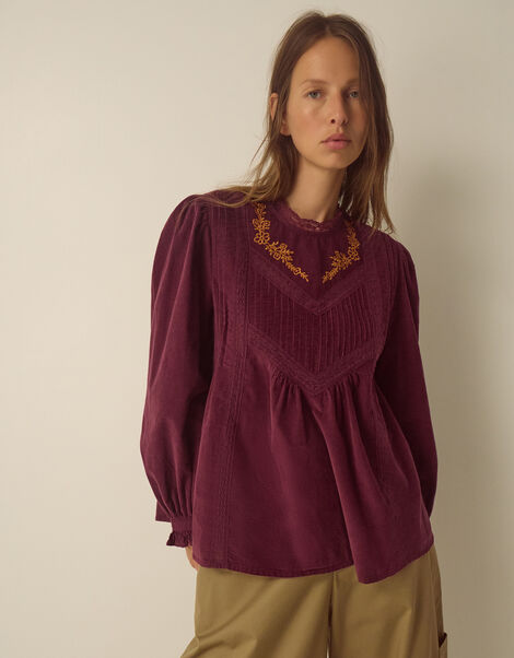 Tyra Long Sleeve Embroidered Corduroy Top, Red (BURGUNDY), large