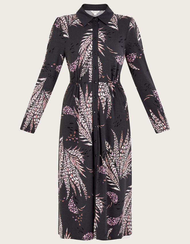 Feather Print Shirt Dress, Black (BLACK), large