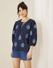 Embroidered Top in Organic Cotton, Blue (NAVY), large