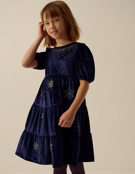 Snowflake Sparkle Velour Party Dress, Blue (NAVY), large