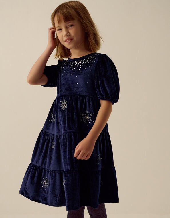 Snowflake Sparkle Velour Party Dress, Blue (NAVY), large