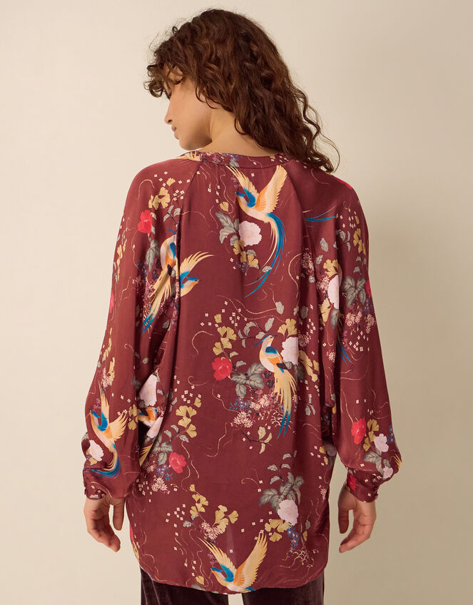 Clemence Seraphine Floral Print Satin Blouson Blouse, Red (BURGUNDY), large