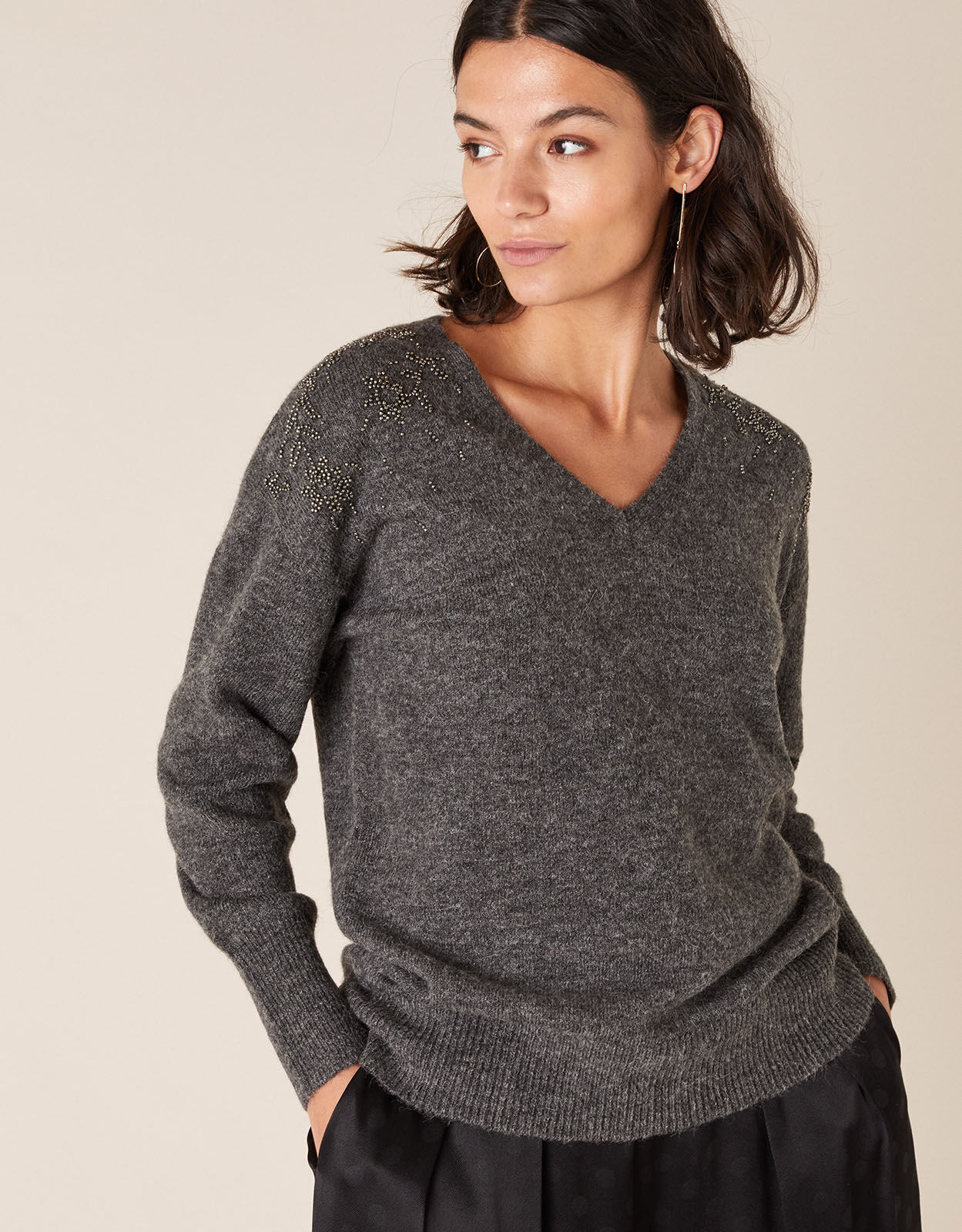 Floral Bead Knit Jumper with Recycled Fabric Grey Jumpers